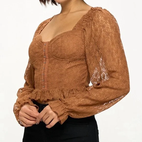 Chocolate USA Lace Corset Flounce Sleeve Crop Top - Picture 9 of 11